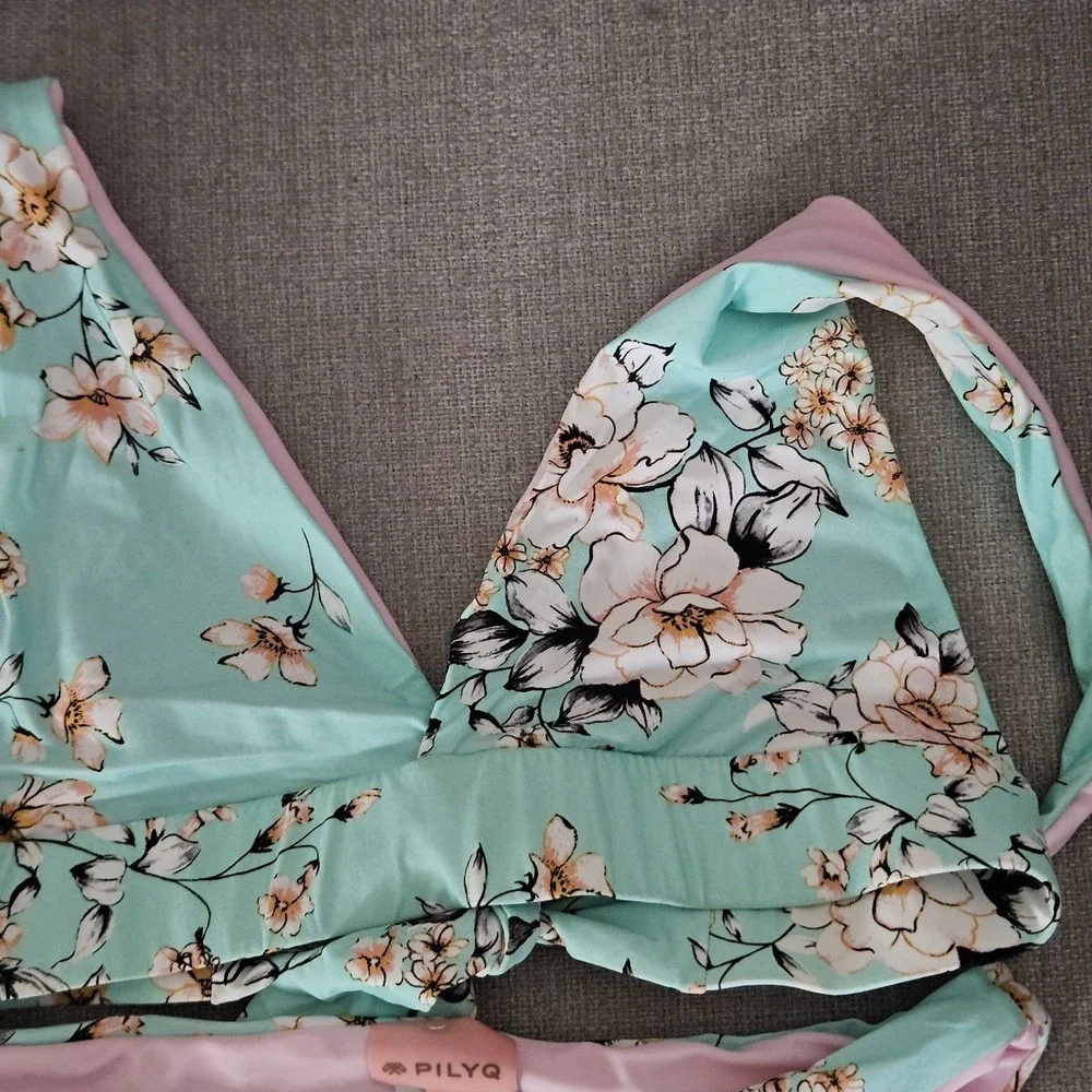 NWOT PilyQ Swim Reversible Teal &‎ Pink Floral Bikini Set Youth size 16